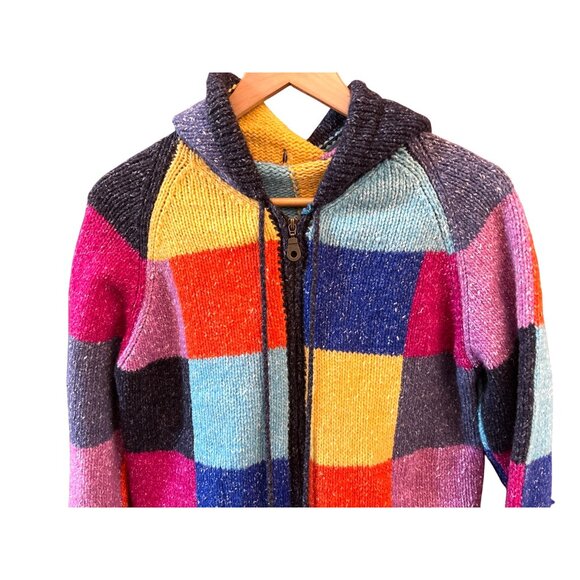 Rainbow Patchwork Hand Knitted Hooded Sweater Dopamine Boho Indie Y2K Full Zip - Picture 2 of 4